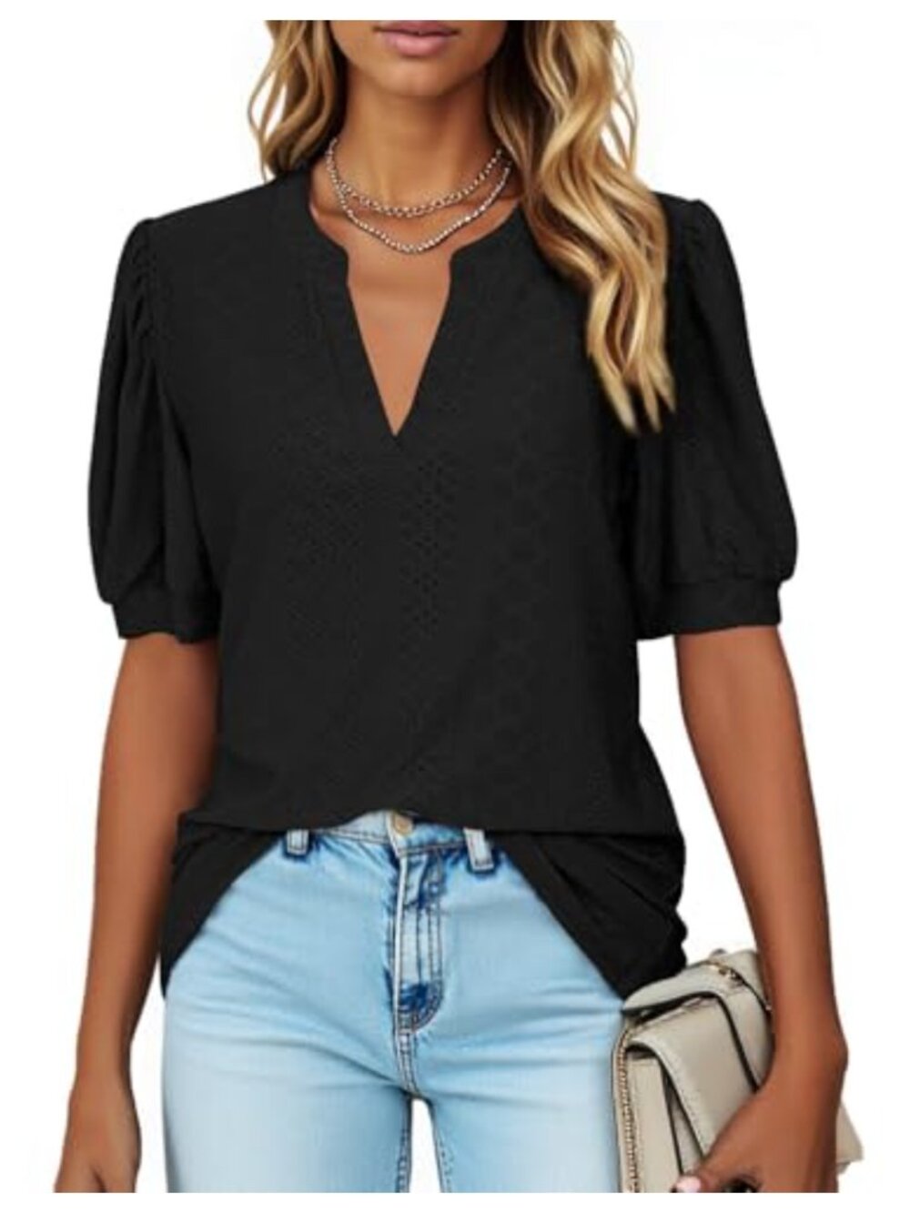 Women's V Neck Puff Short Sleeve Tunic Blouse Casual Summer Top